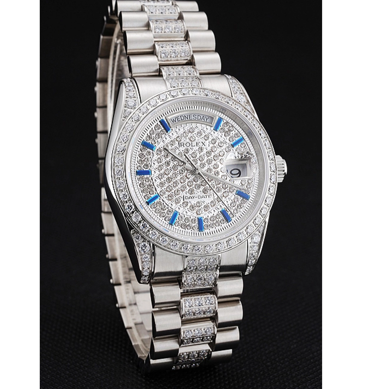 Rolex aaa copy Bezel Diamond And Steel Stainless Rolex Day Pave And Bracelet Swiss Dial Date 0608